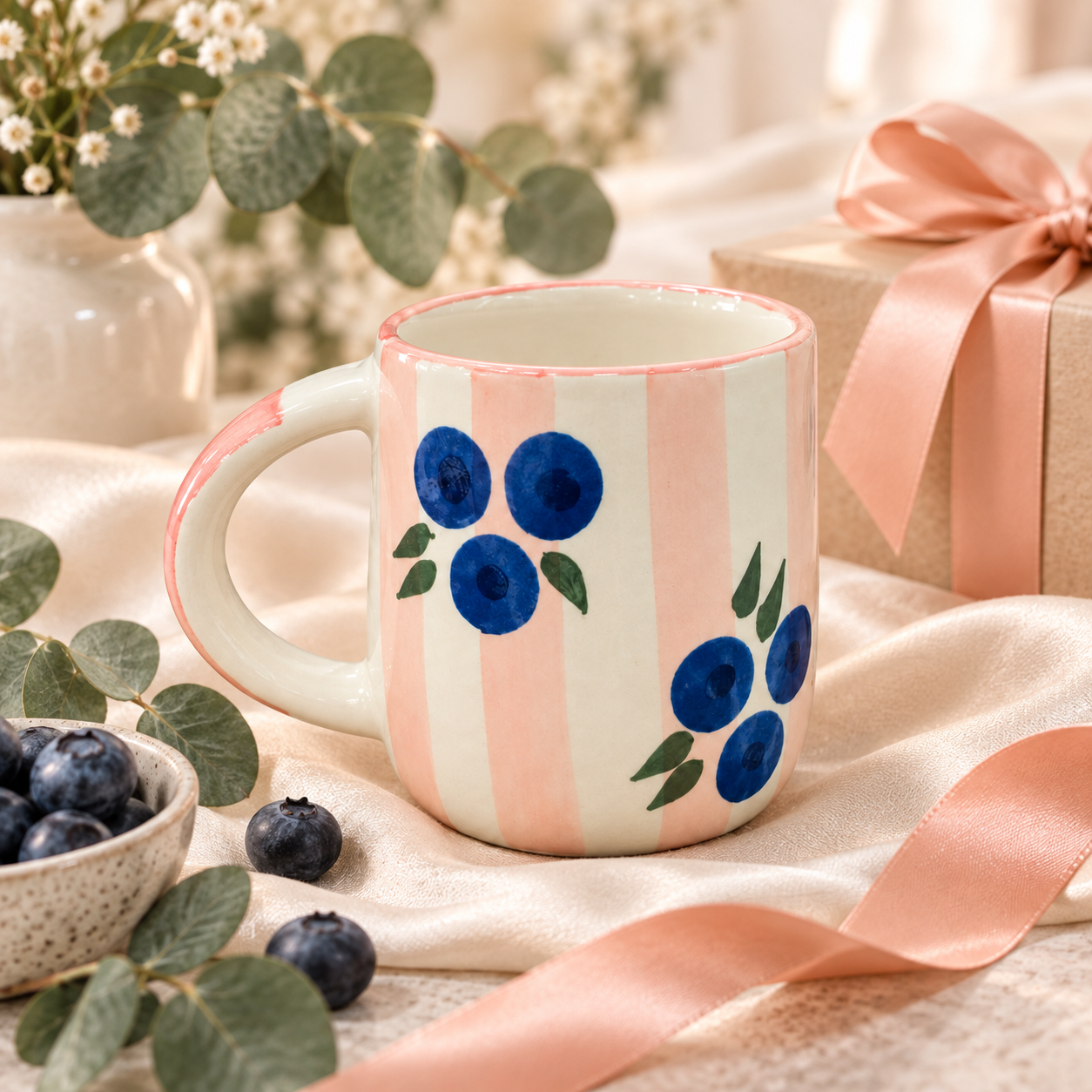 Blueberry Stripe Ceramic Mug – Pink & Blue Floral Coffee Cup - Image 4