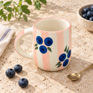 Blueberry Stripe Ceramic Mug – Pink & Blue Floral Coffee Cup