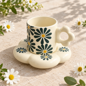 Daisy Flower Ceramic Cup & Saucer Set – Floral Coffee Mug with Flower Handle