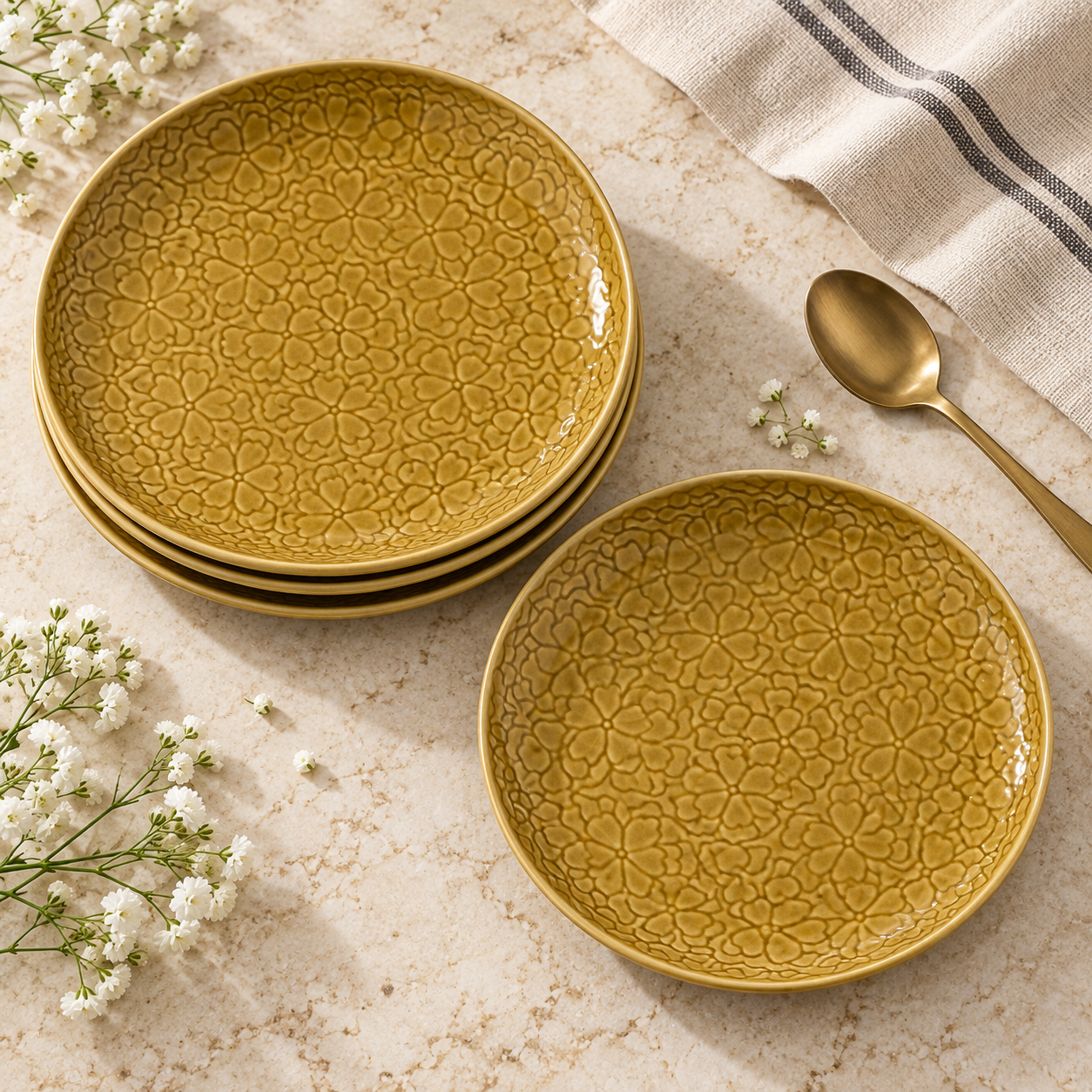 Mustard Yellow Floral Ceramic Plate – 10 Inch Embossed Flower Dinner Plate - Set of 6 - Image 2