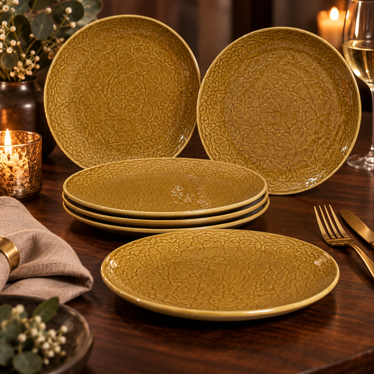 Mustard Yellow Floral Ceramic Plate – 10 Inch Embossed Flower Dinner Plate - Set of 6 - Image 4
