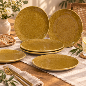 Mustard Yellow Floral Ceramic Plate – 10 Inch Embossed Flower Dinner Plate - Set of 6