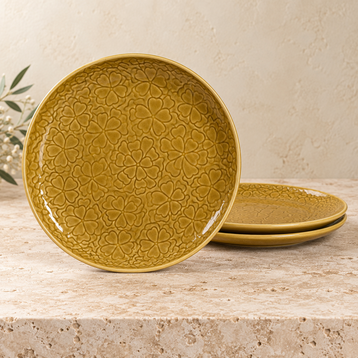Mustard Yellow Floral Ceramic Plate – 10 Inch Embossed Flower Dinner Plate - Set of 6 - Image 3