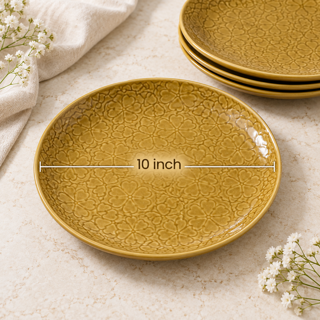 Mustard Yellow Floral Ceramic Plate – 10 Inch Embossed Flower Dinner Plate - Set of 6 - Image 5