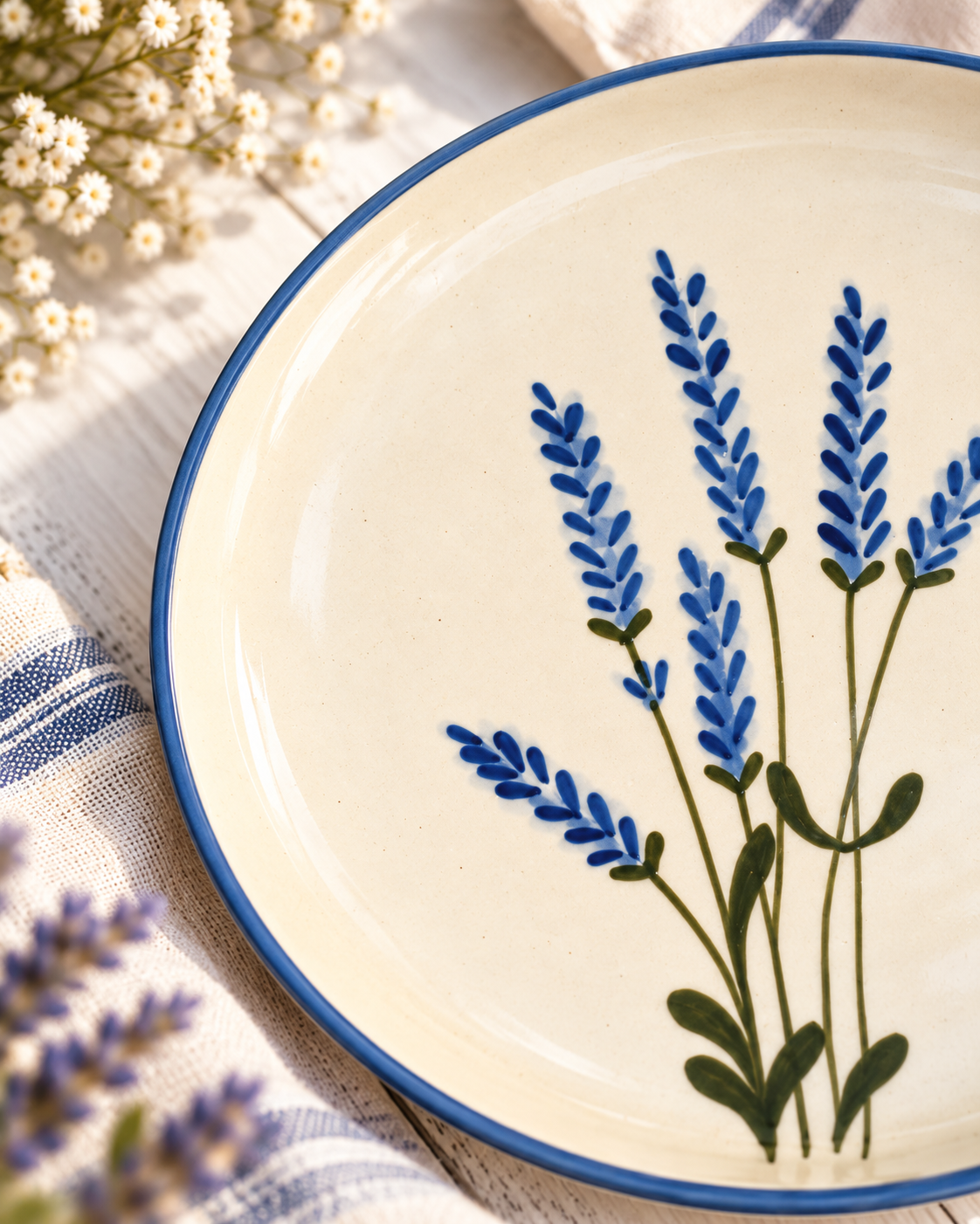 Lavender Bloom Hand-Painted Ceramic Half Plate – Ivory & Blue - Image 2