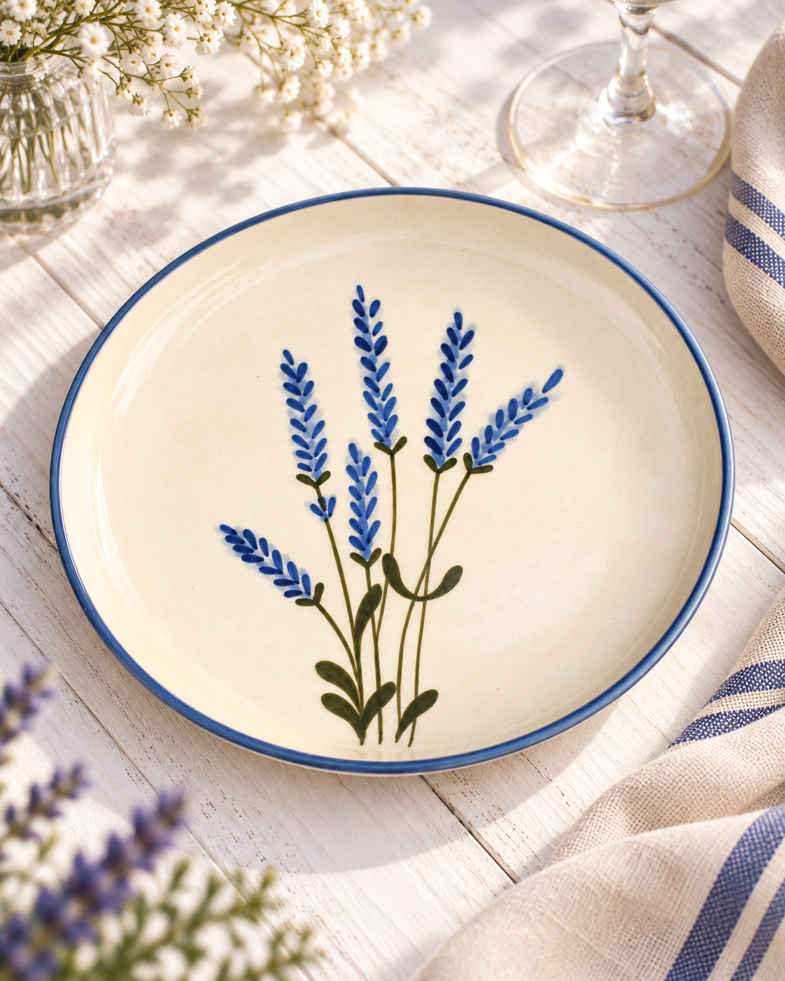 Lavender Bloom Hand-Painted Ceramic Half Plate – Ivory & Blue - Image 4