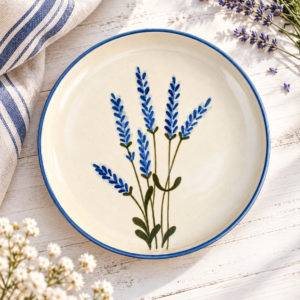 Lavender Bloom Hand-Painted Ceramic Half Plate – Ivory & Blue