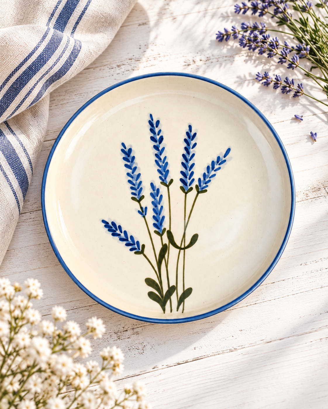 Lavender Bloom Hand-Painted Ceramic Half Plate – Ivory & Blue