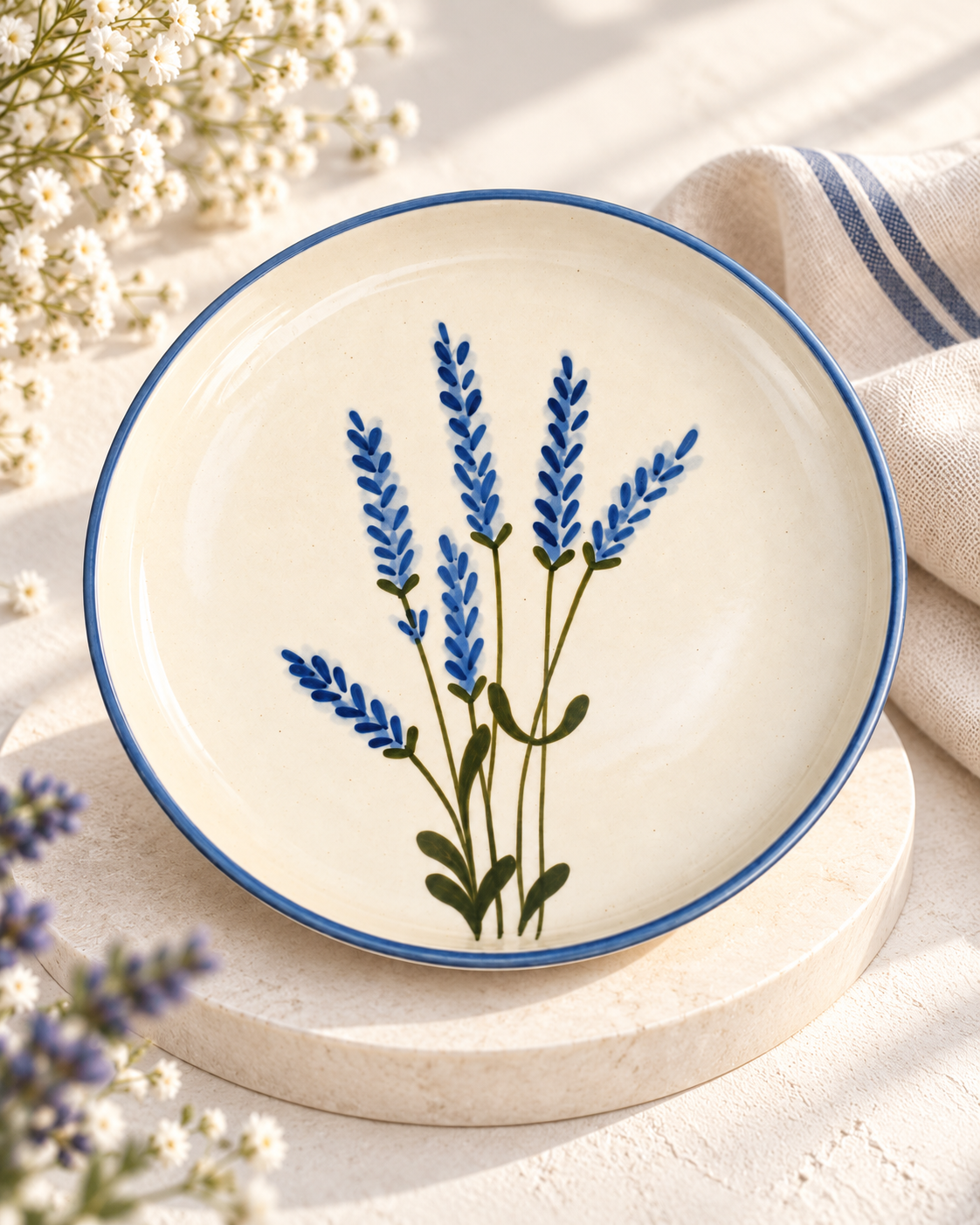 Lavender Bloom Hand-Painted Ceramic Half Plate – Ivory & Blue - Image 3