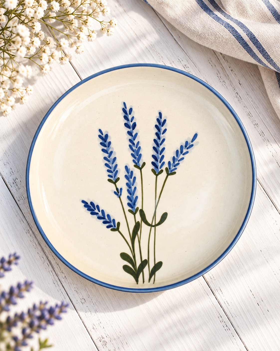 Lavender Bloom Hand-Painted Ceramic Half Plate – Ivory & Blue - Image 5